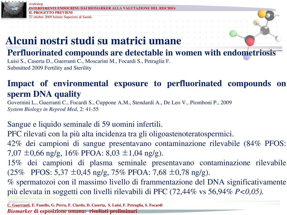 , Piomboni P., 2009 System Biology in Reprod Med, 2: 41-55 Sangue e liquido seminale di 59 uomini infertili. PFC rilevati con la più alta incidenza tra gli oligoastenoteratospermici.