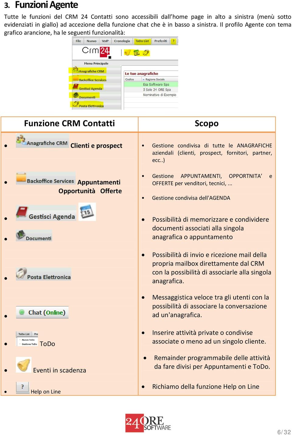 Il profilo Agente con tema grafico arancione, ha le seguenti funzionalità: Funzione CRM Contatti Scopo Clienti e prospect Appuntamenti Opportunità Offerte Gestione condivisa di tutte le ANAGRAFICHE