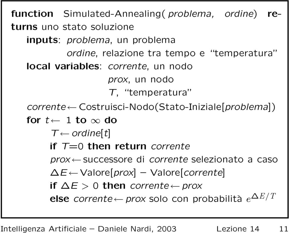 Costruisci-Nodo(Stato-Iniziale[problema]) for t 1 to do T ordine[t] if T=0 then return corrente prox successore di corrente