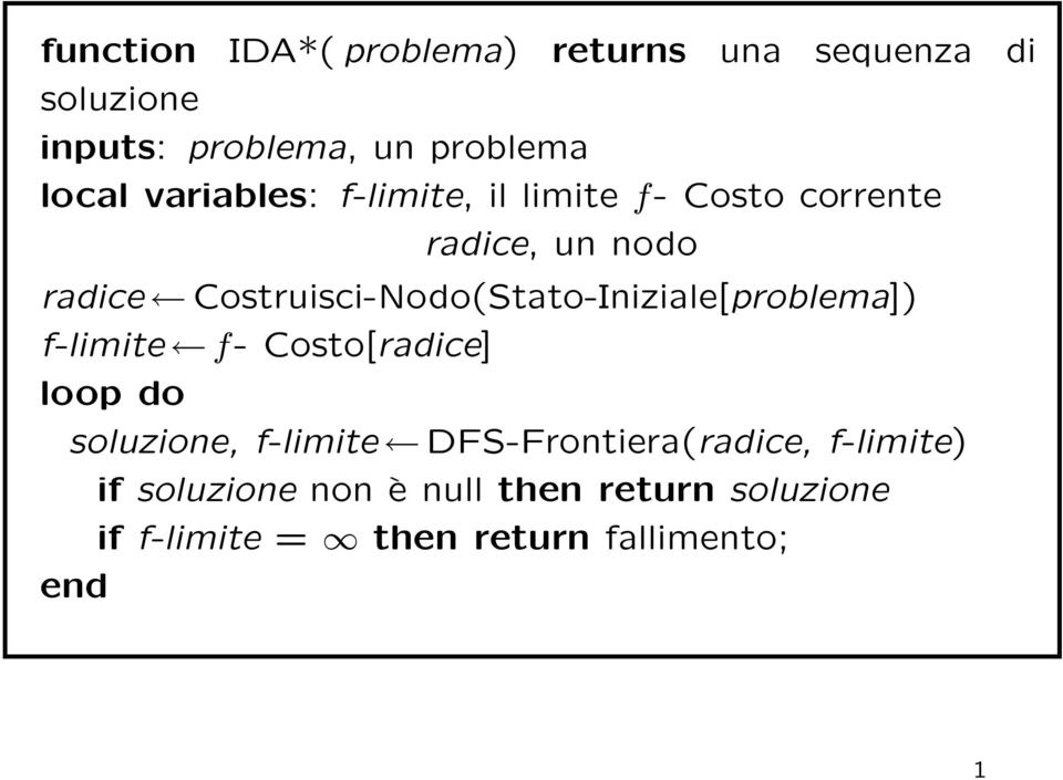 Costruisci-Nodo(Stato-Iniziale[problema]) f-limite f- Costo[radice] loop do soluzione, f-limite