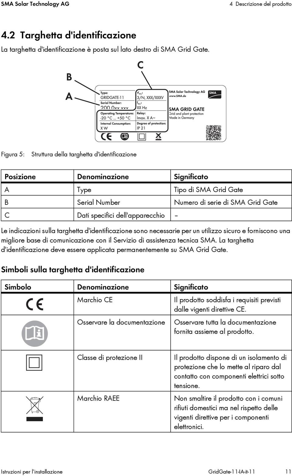 dell'apparecchio Le indicazioni sulla targhetta d'identificazione sono necessarie per un utilizzo sicuro e forniscono una migliore base di comunicazione con il Servizio di assistenza tecnica SMA.