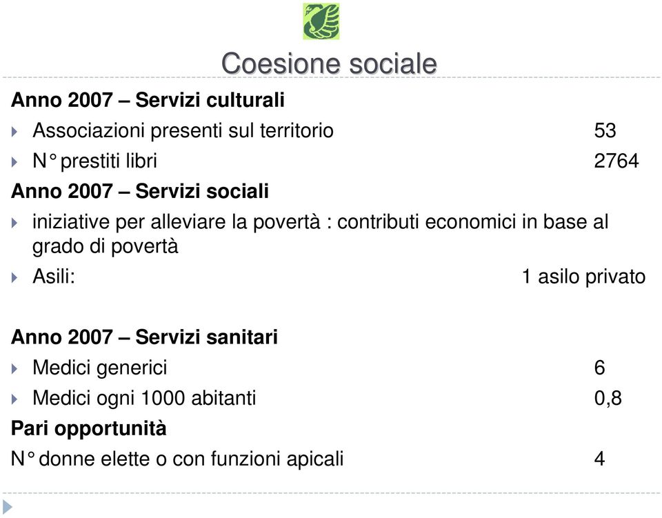 contributi economici in base al grado di povertà Asili: 1 asilo privato Anno 2007 Servizi