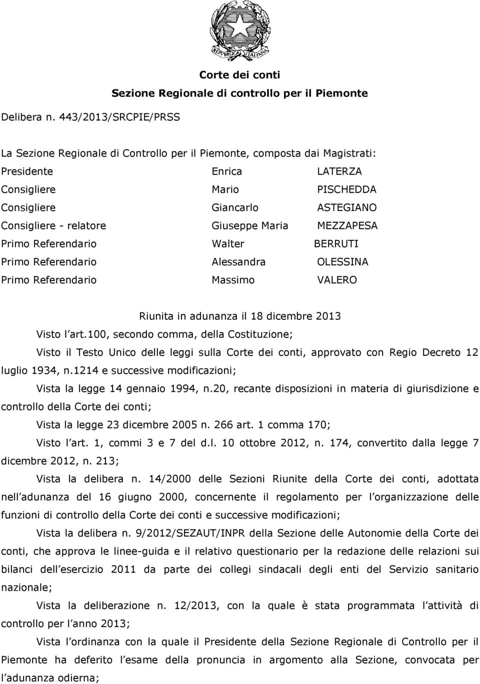 Mario PISCHEDDA Consigliere Giancarlo ASTEGIANO Consigliere - relatore Giuseppe Maria MEZZAPESA Primo Referendario Walter BERRUTI Primo Referendario Alessandra OLESSINA Primo Referendario Massimo