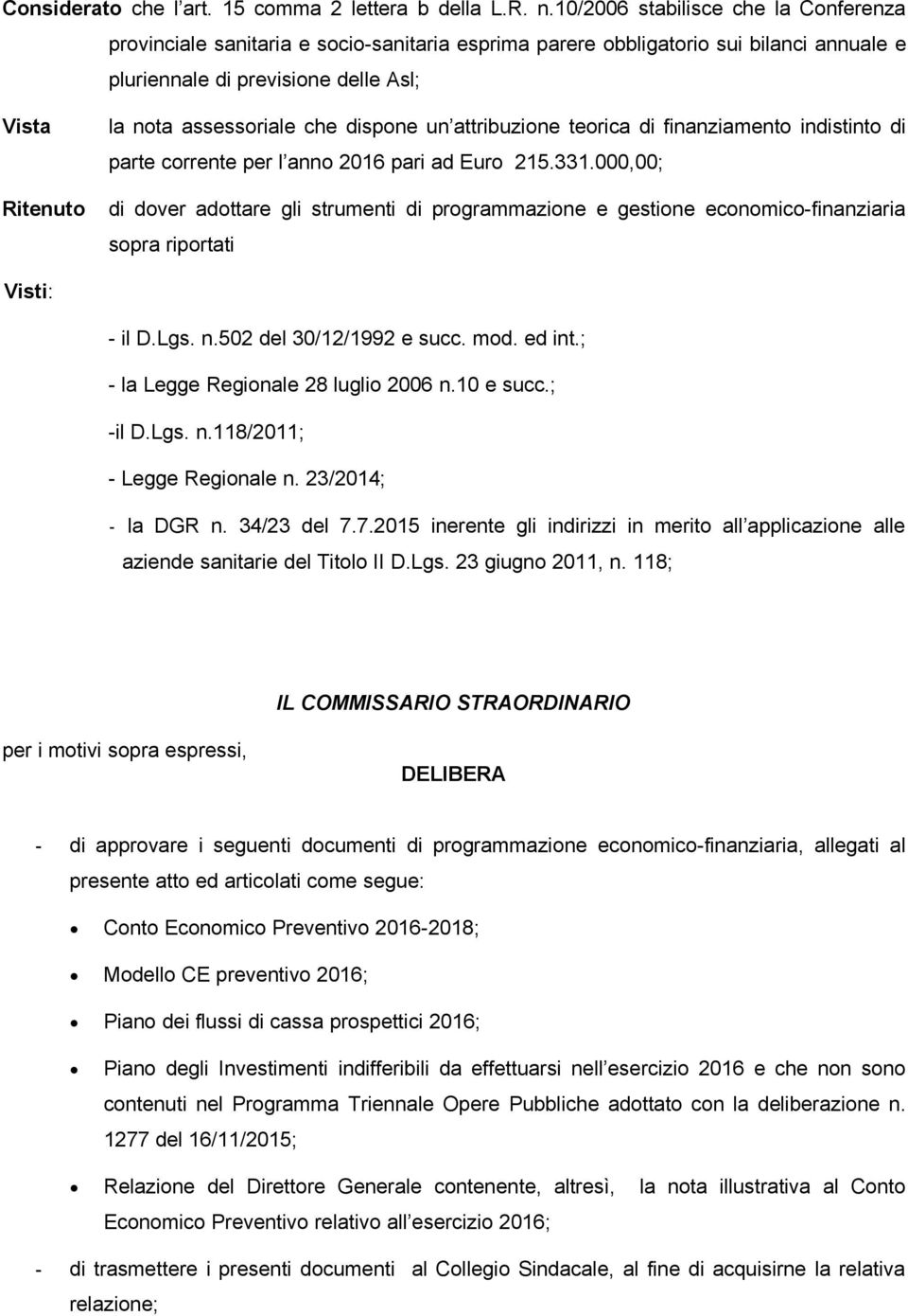 che dispone un attribuzione teorica di finanziamento indistinto di parte corrente per l anno 2016 pari ad Euro 21.331.