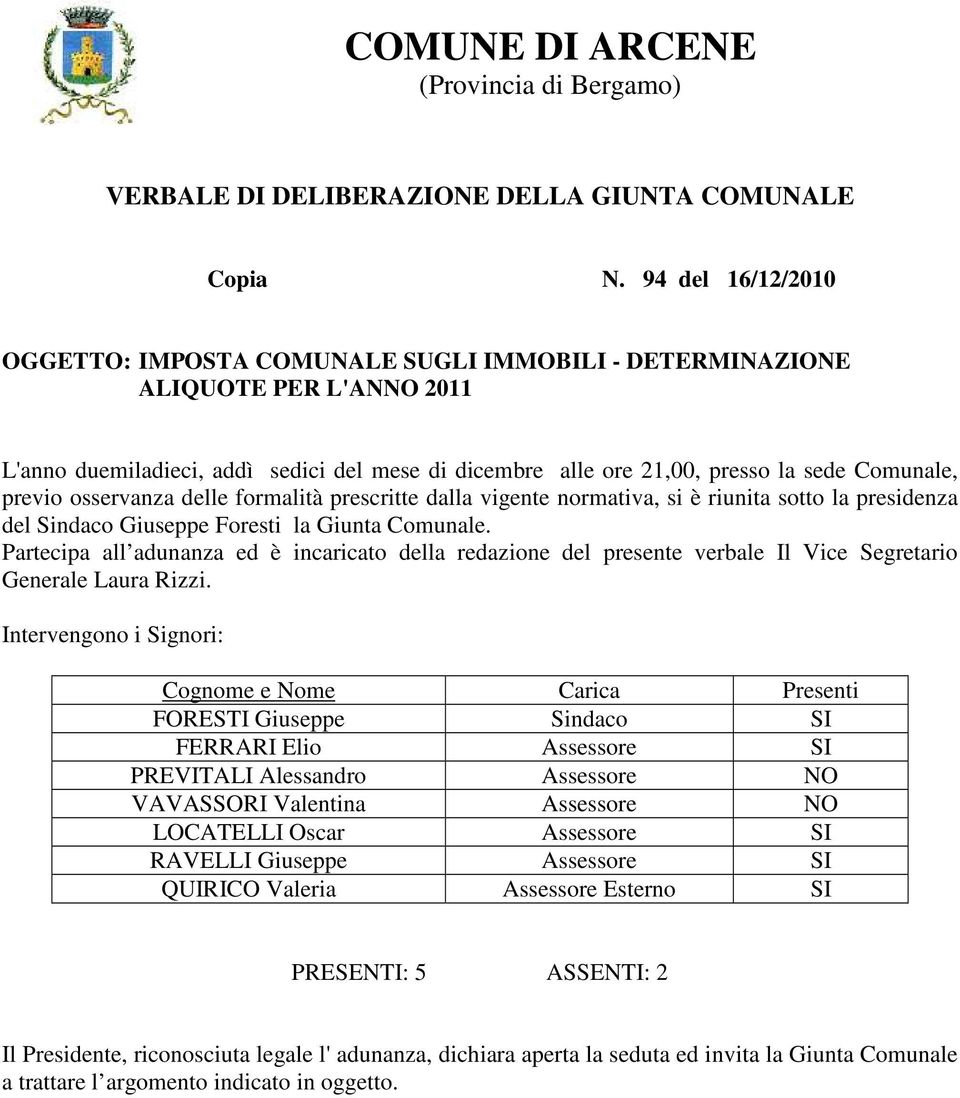 previo osservanza delle formalità prescritte dalla vigente normativa, si è riunita sotto la presidenza del Sindaco Giuseppe Foresti la Giunta Comunale.