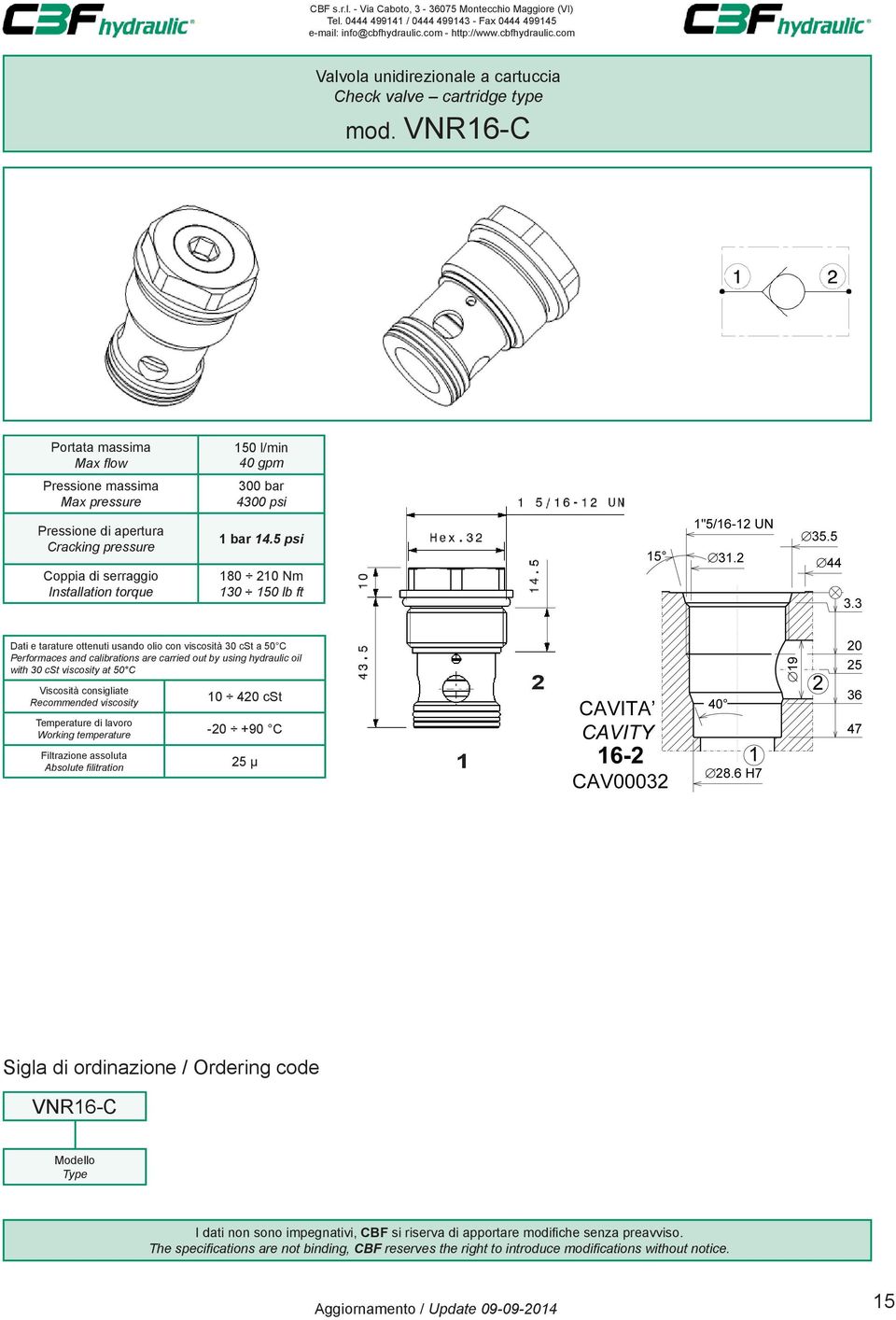 VNR16-C Installation torque 150 l/min 40 gpm 300 bar