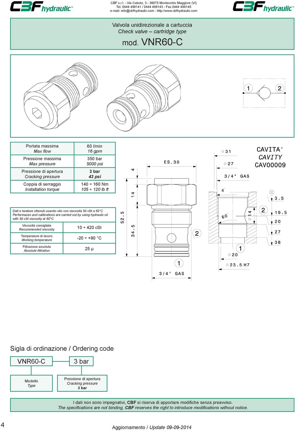 VNR60-C Installation torque 60 l/min 16 gpm 3 bar