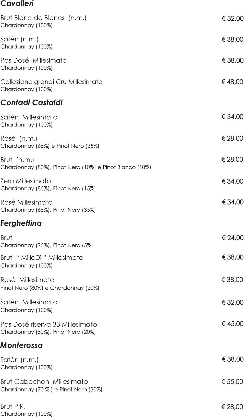 Brut Chardonnay (95%), Pinot Nero (5%) Brut MilleDì Millesimato Rosé Millesimato Pinot Nero (80%) e Chardonnay (20%) Satèn Millesimato Pas Dosé riserva 33 Millesimato Chardonnay (80%),