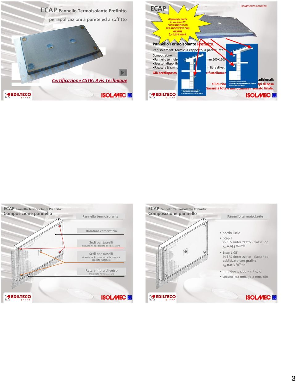 600x1200 Spessori disponibili da 3 a 20 cm Rasatura (ca.mm.3) con annegata rete in fibra di vetro antialcali Già predisposto con sormonti rete e fustellature per tasselli.