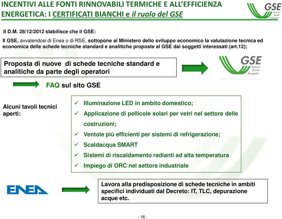 28/12/2012 stabilisce che il GSE: Il GSE, avvalendosi di Enea o di RSE, sottopone al Ministero dello sviluppo economico la valutazione tecnica ed economica delle schede tecniche standard e analitiche