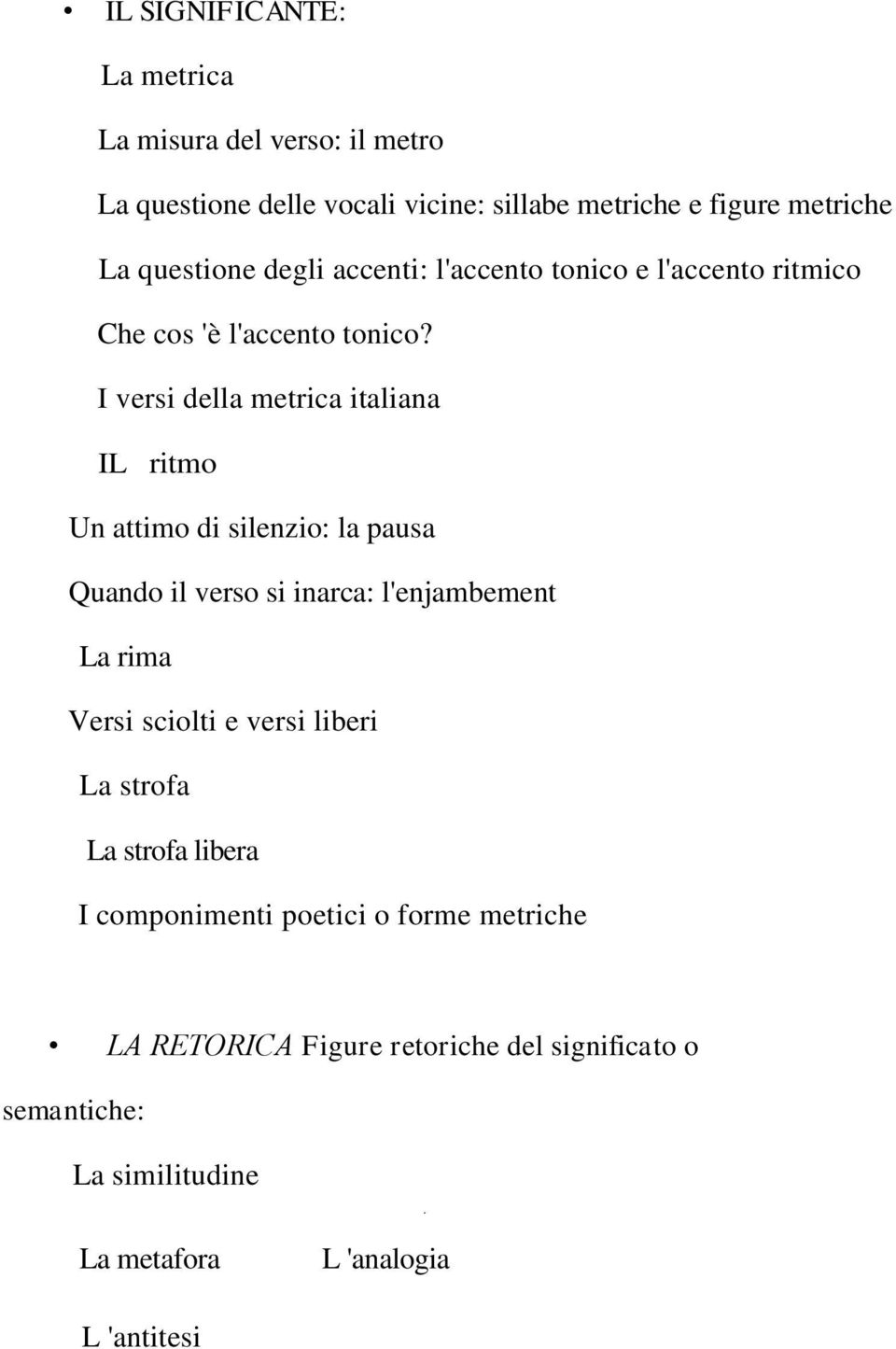 I versi della metrica italiana IL ritmo Un attimo di silenzio: la pausa Quando il verso si inarca: l'enjambement La rima Versi sciolti e