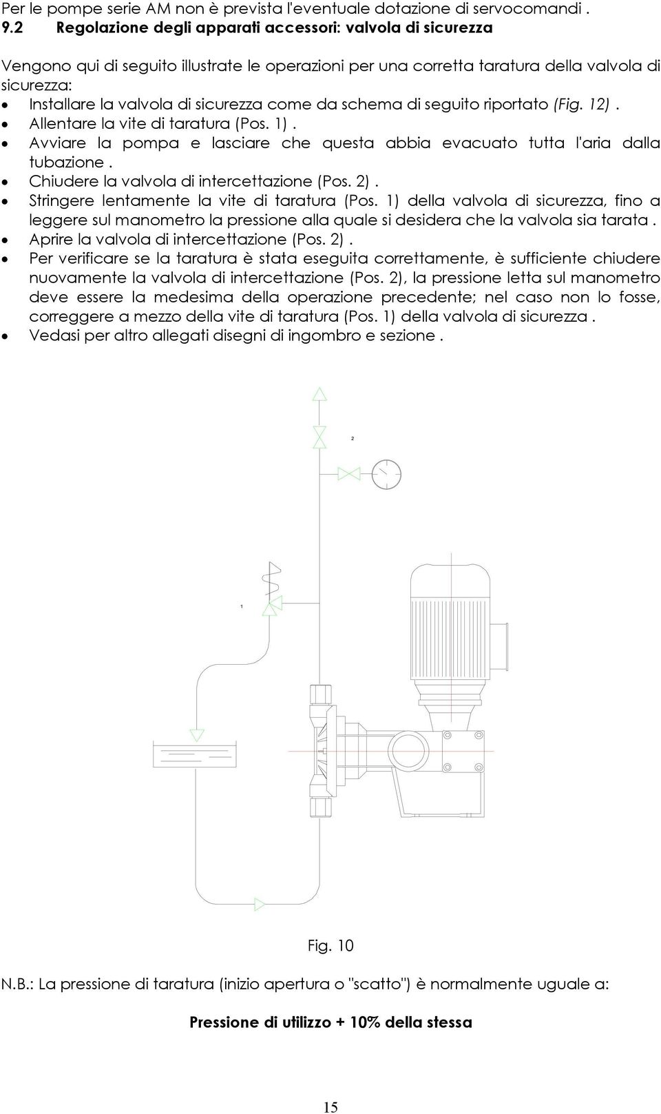 come da schema di seguito riportato (Fig. 12). Allentare la vite di taratura (Pos. 1). Avviare la pompa e lasciare che questa abbia evacuato tutta l'aria dalla tubazione.