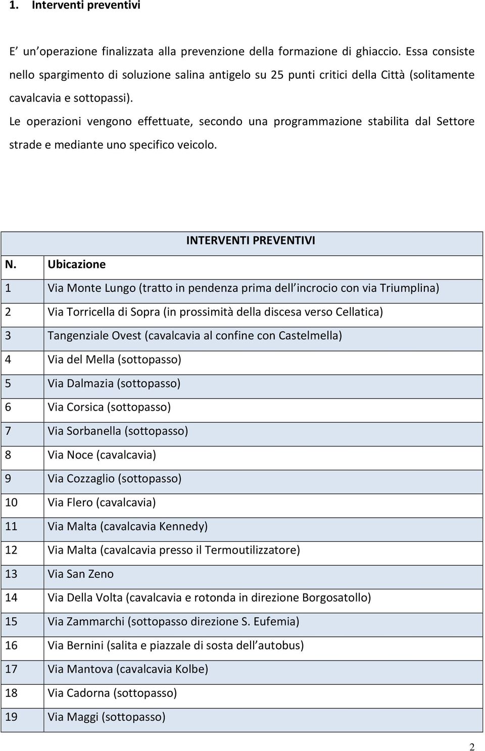 Le operazioni vengono effettuate, secondo una programmazione stabilita dal Settore strade e mediante uno specifico veicolo. INTERVENTI PREVENTIVI N.