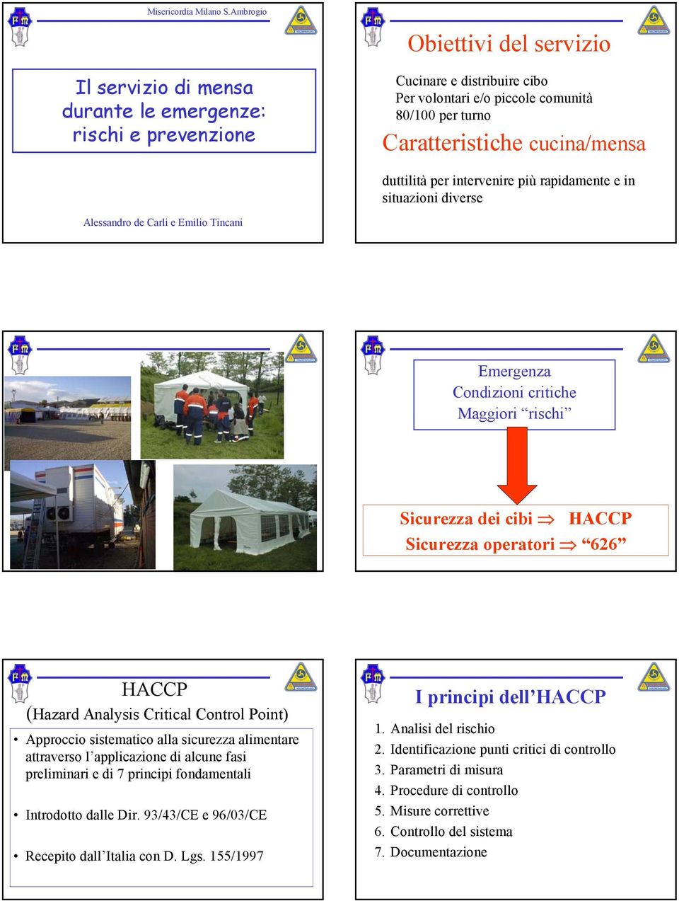 cucina/mensa duttilità per intervenire più rapidamente e in situazioni diverse Alessandro de Carli e Emilio Tincani Emergenza Condizioni critiche Maggiori rischi Sicurezza dei cibi HACCP Sicurezza