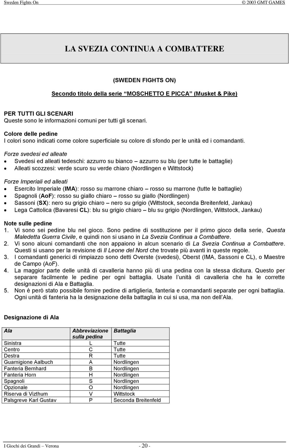 Forze svedesi ed alleate Svedesi ed alleati tedeschi: azzurro su bianco azzurro su blu (per tutte le battaglie) Alleati scozzesi: verde scuro su verde chiaro (Nordlingen e Wittstock) Forze Imperiali