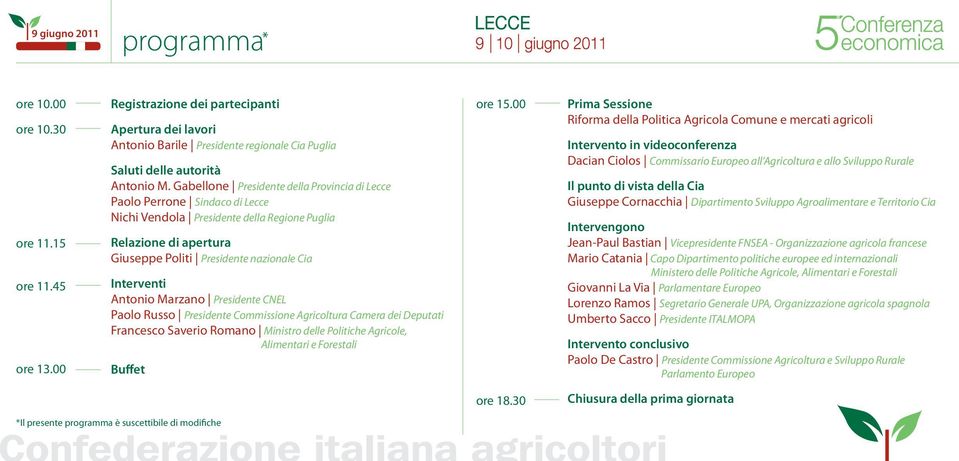 Gabellone Presidente della Provincia di Lecce Paolo Perrone Sindaco di Lecce Nichi Vendola Presidente della Regione Puglia Relazione di apertura Giuseppe Politi Presidente nazionale Cia Interventi