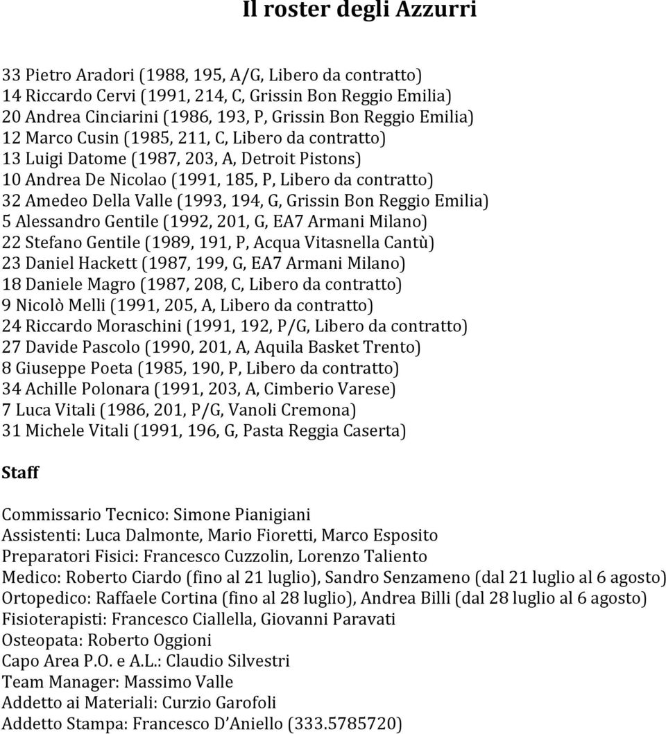 G, Grissin Bon Reggio Emilia) 5 Alessandro Gentile (1992, 201, G, EA7 Armani Milano) 22 Stefano Gentile (1989, 191, P, Acqua Vitasnella Cantù) 23 Daniel Hackett (1987, 199, G, EA7 Armani Milano) 18