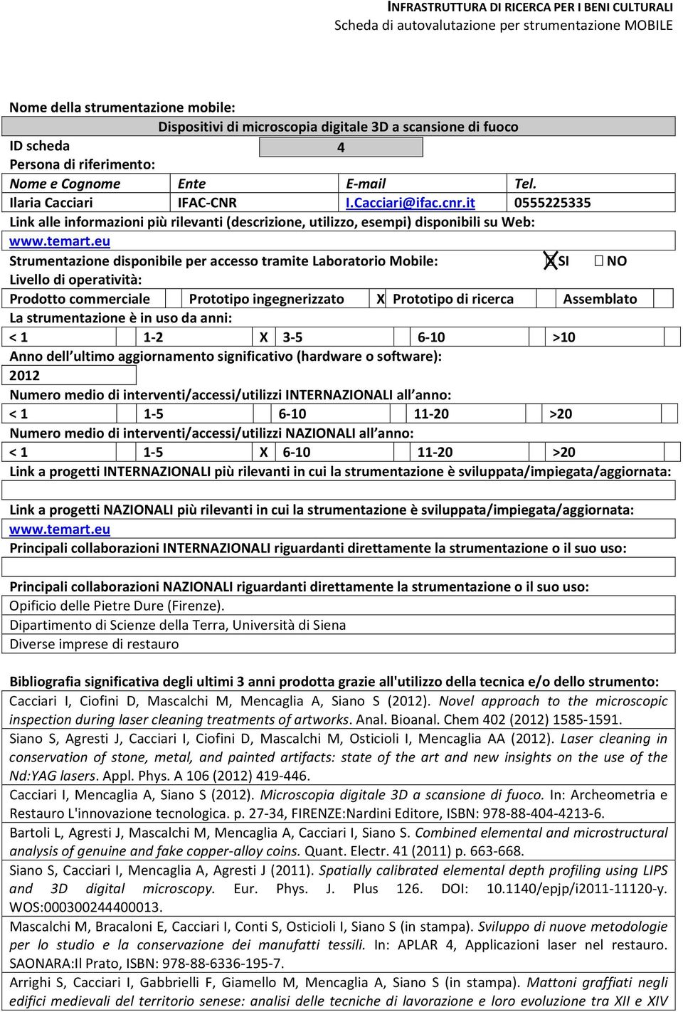 Dipartimento di Scienze della Terra, Università di Siena Diverse imprese di restauro Cacciari I, Ciofini D, Mascalchi M, Mencaglia A, Siano S (2012).