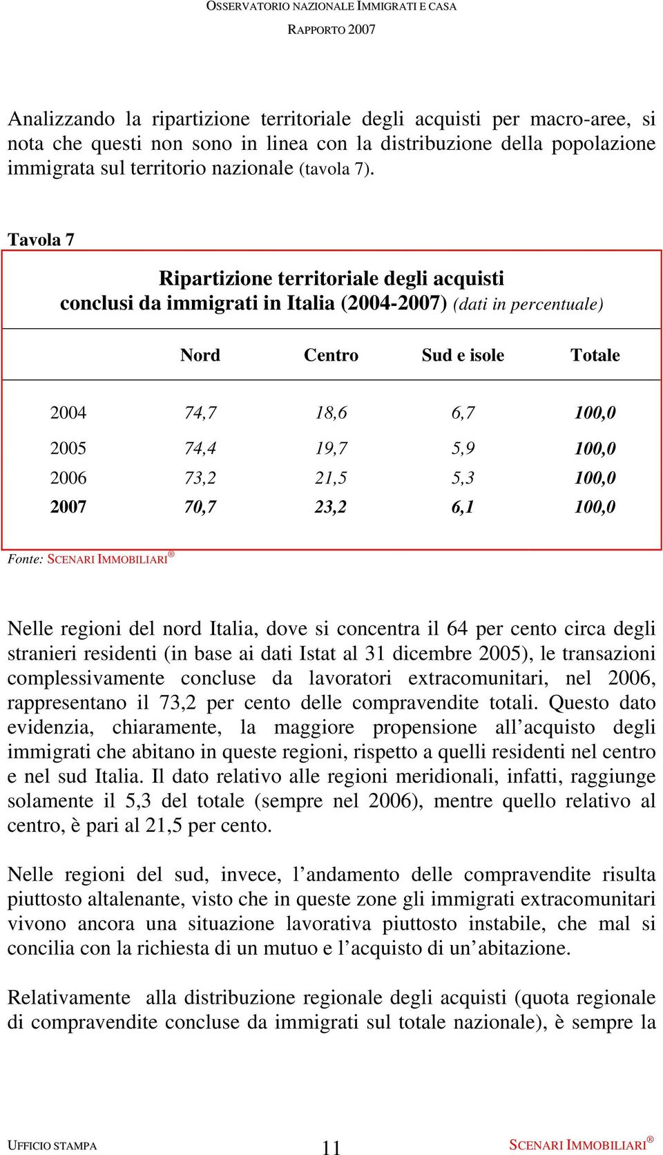 2006 73,2 21,5 5,3 100,0 2007 70,7 23,2 6,1 100,0 Fonte: Nelle regioni del nord Italia, dove si concentra il 64 per cento circa degli stranieri residenti (in base ai dati Istat al 31 dicembre 2005),