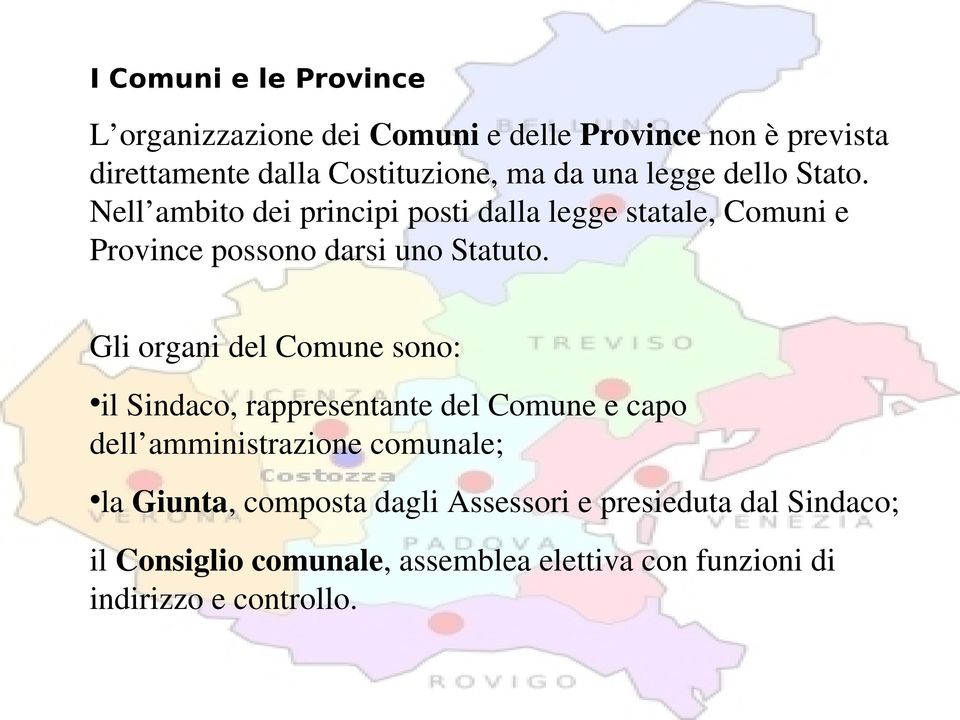 Gli organi del Comune sono: il Sindaco, rappresentante del Comune e capo dell amministrazione comunale; la Giunta,