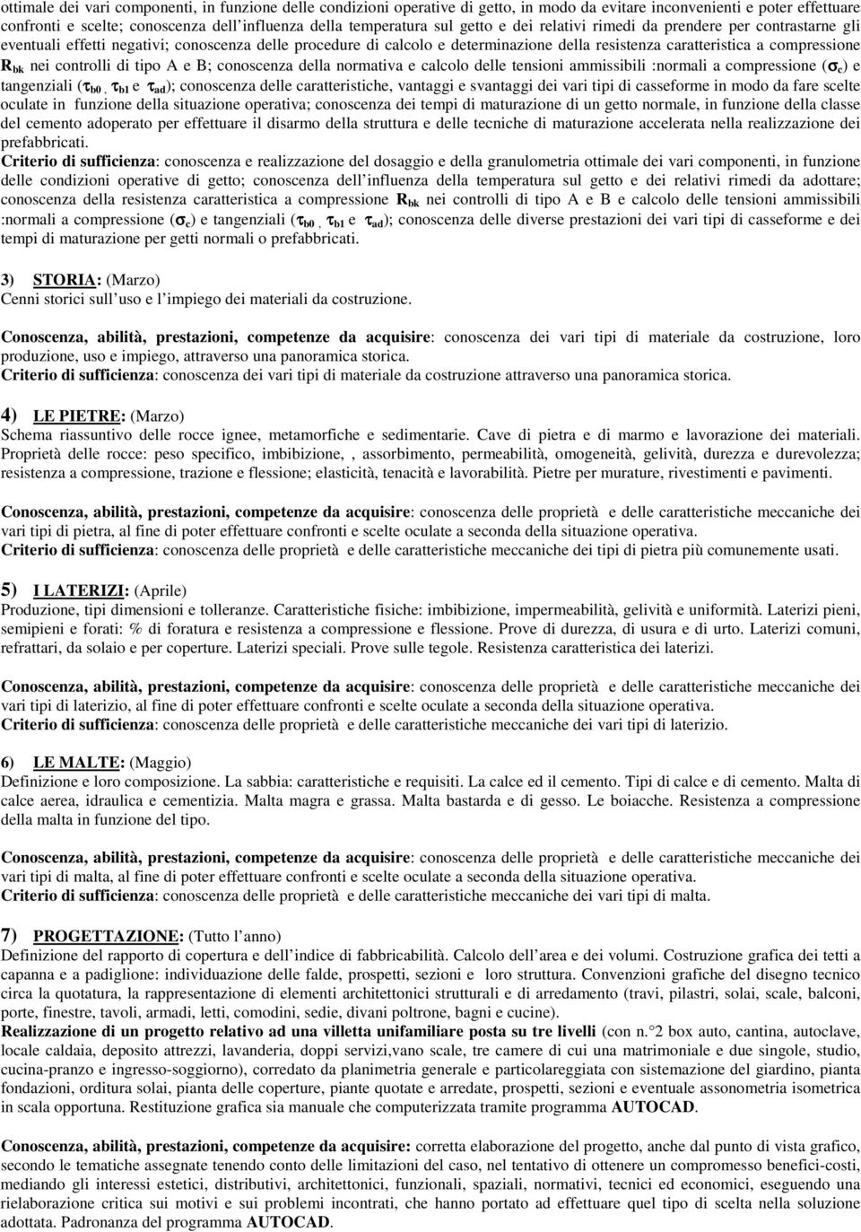 controlli di tipo A e B; conoscenza della normativa e calcolo delle tensioni ammissibili :normali a compressione (σ c ) e tangenziali (τ b0, τ b1 e τ ad ); conoscenza delle caratteristiche, vantaggi