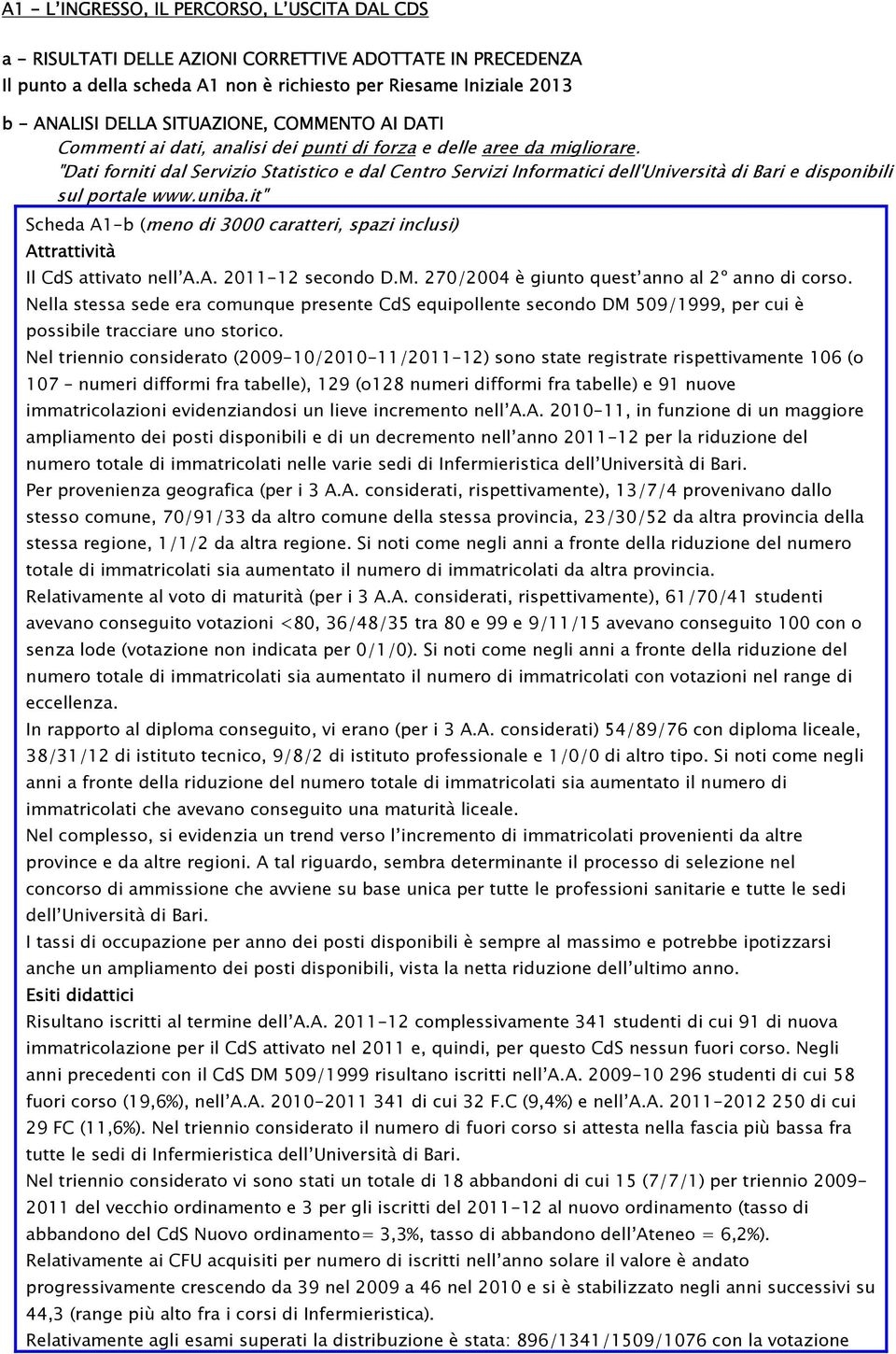 "Dati forniti dal Servizio Statistico e dal Centro Servizi Informatici dell'università di Bari e disponibili sul portale www.uniba.