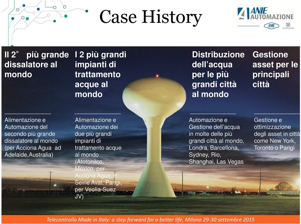 dei due più grandi impianti di trattamento acque al mondo (Atotonilco, Mexico, per Acciona Agua, e Seine Aval, Parigi, per Veolia-Suez JV) Automazione e Gestione dell