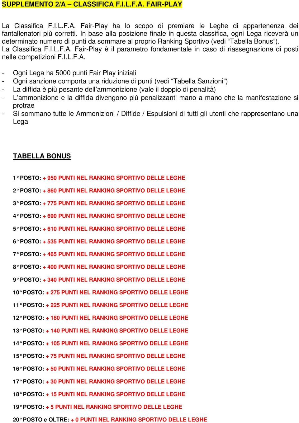 Fair-Play è il parametro fondamentale in caso di riassegnazione di posti nelle competizioni F.I.L.F.A.