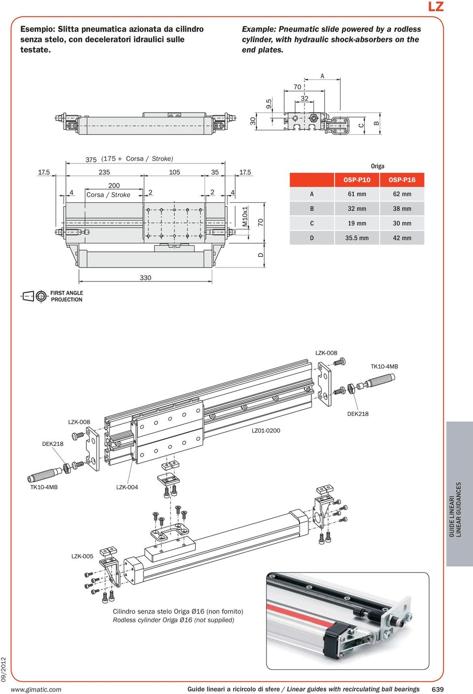 (175 + Corsa / Stroke) Origa OSP-P10 OSP-P16 Corsa / Stroke A 61 mm 62 mm B 32 mm 38 mm C 19 mm 30 mm D 35.