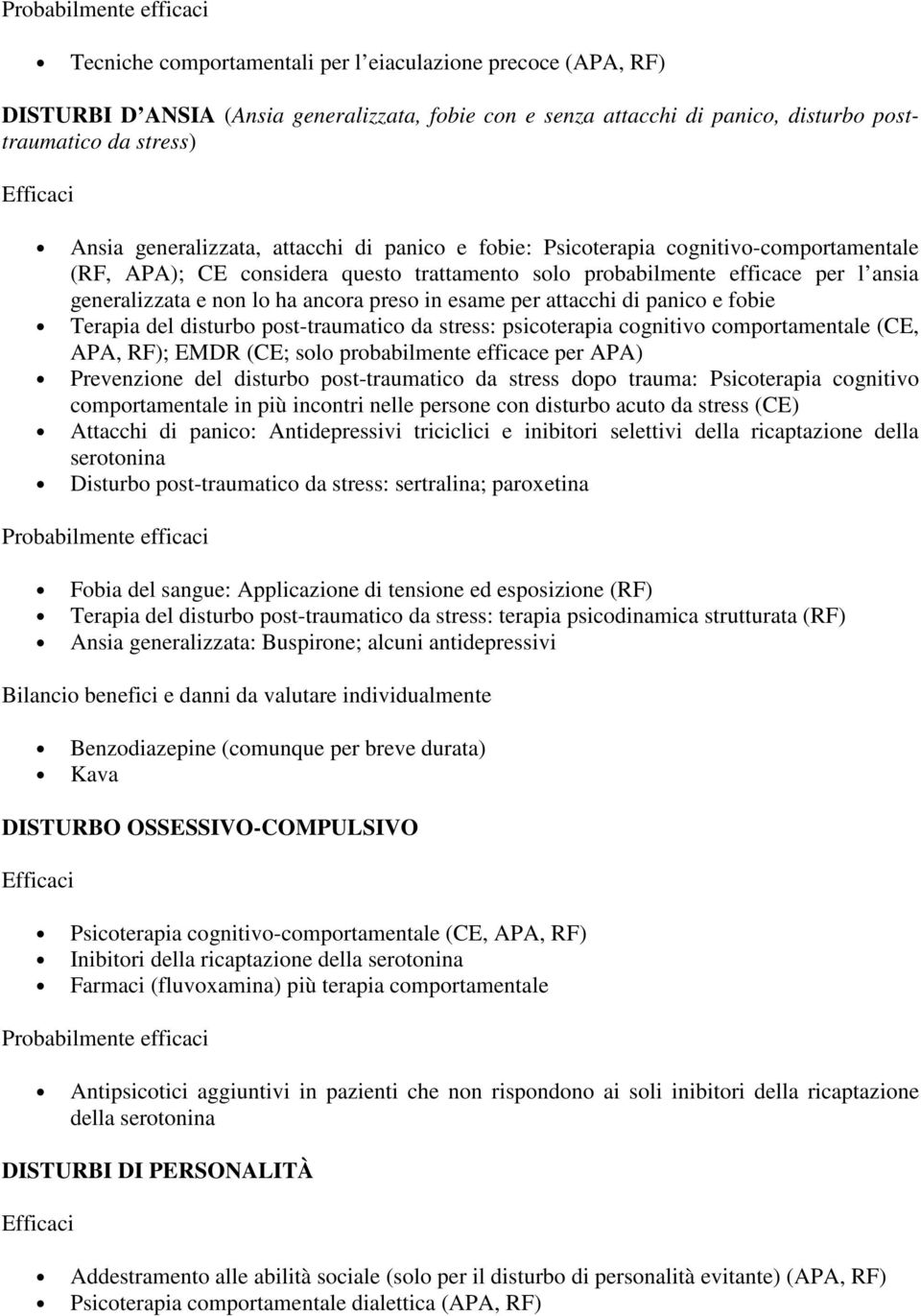 per attacchi di panico e fobie Terapia del disturbo post-traumatico da stress: psicoterapia cognitivo comportamentale (CE, APA, RF); EMDR (CE; solo probabilmente efficace per APA) Prevenzione del