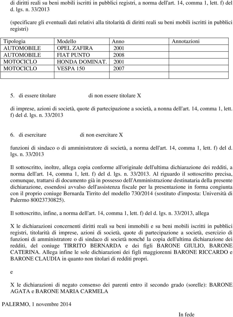 PUNTO 2008 MOTOCICLO HONDA DOMINAT. 2001 MOTOCICLO VESPA 150 2007 5. di essere titolare di non essere titolare X di imprese, azioni di società, quote di partecipazione a società, a nonna dell'art.