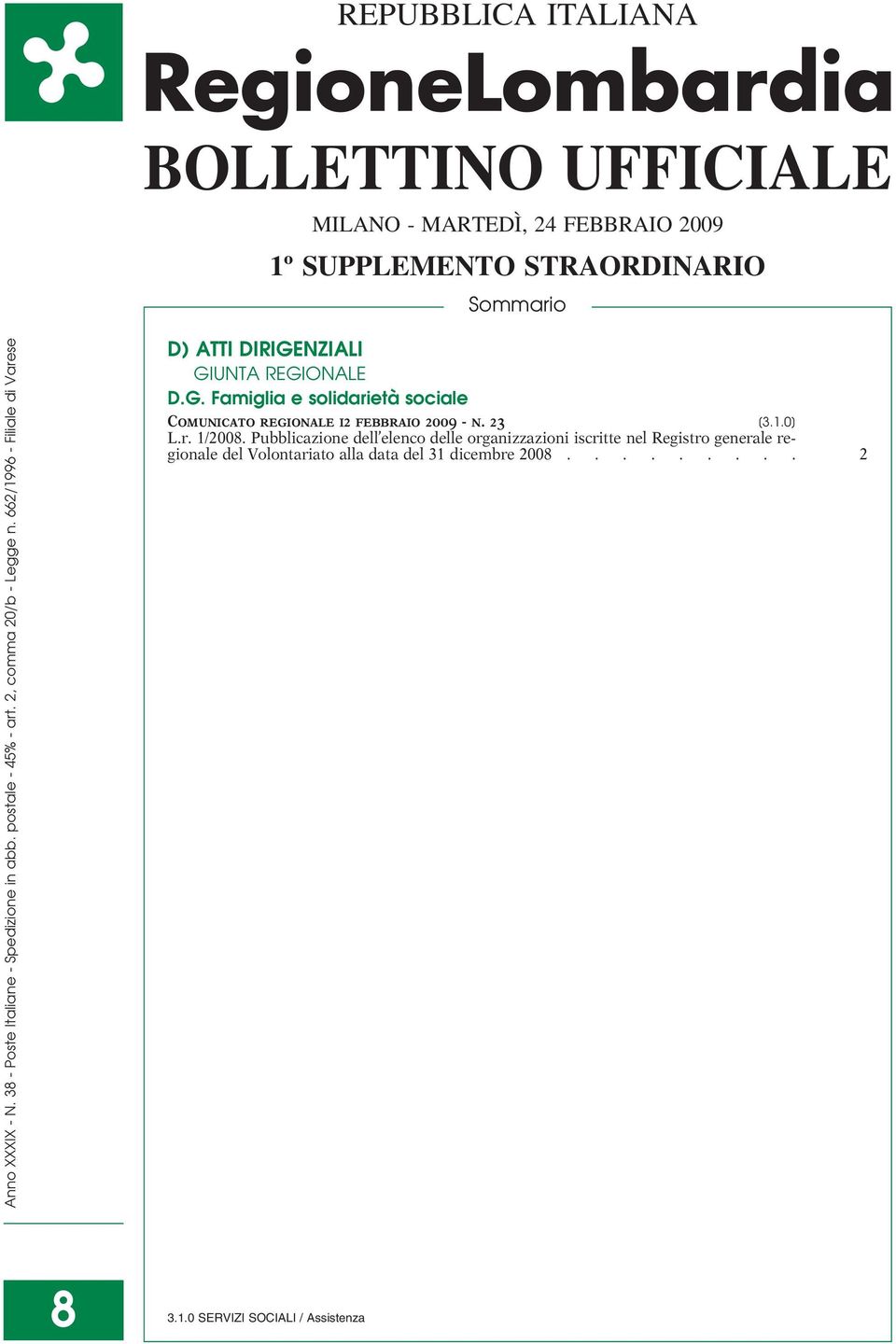 662/1996 - Filiale di Varese D) ATTI DIRIGENZIALI GIUNTA REGIONALE D.G. Famiglia e solidarietà sociale Comunicato regionale 12 febbraio 2009 - n.