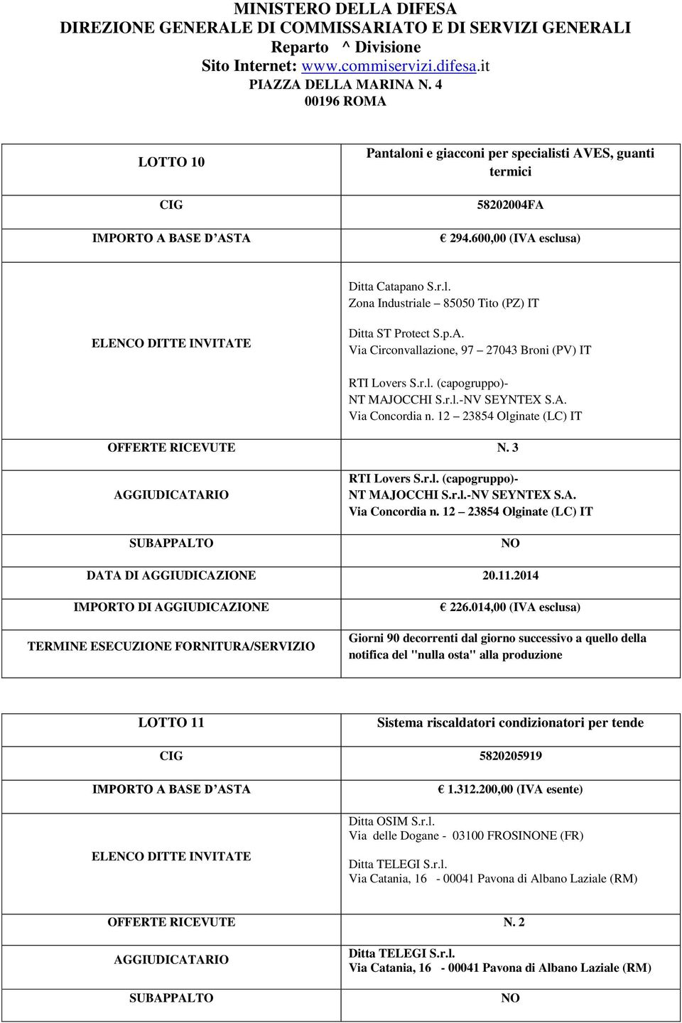 014,00 (IVA esclusa) Giorni 90 decorrenti dal giorno successivo a quello della LOTTO 11 Sistema riscaldatori condizionatori per tende 5820205919 1.312.200,00 (IVA esente) Ditta OSIM S.r.l. Via delle Dogane - 03100 FROSINE (FR) Ditta TELEGI S.