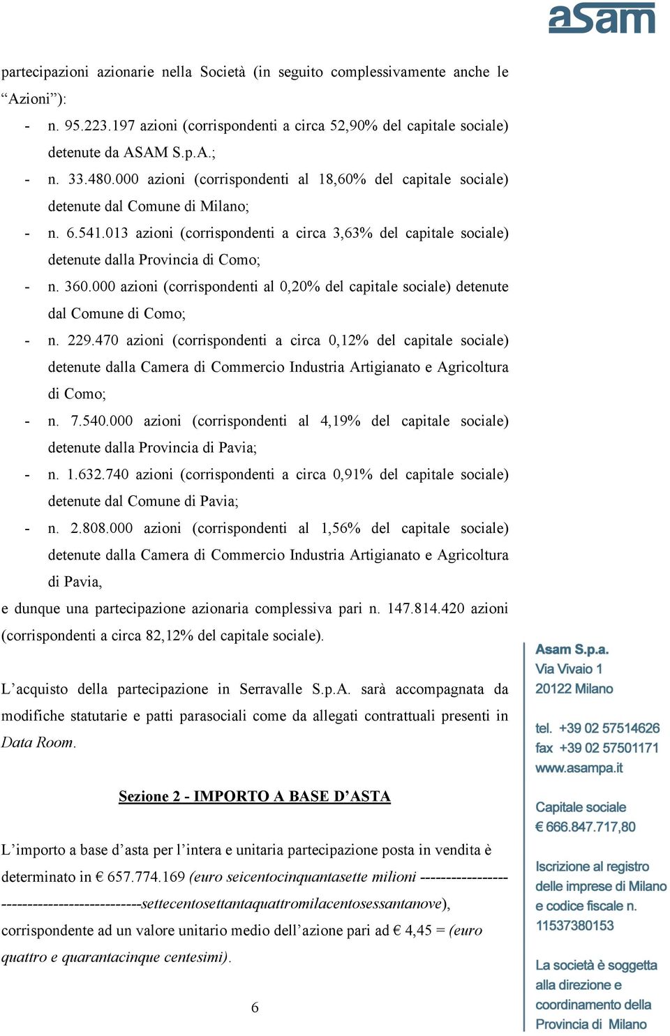 013 azioni (corrispondenti a circa 3,63% del capitale sociale) detenute dalla Provincia di Como; - n. 360.000 azioni (corrispondenti al 0,20% del capitale sociale) detenute dal Comune di Como; - n.