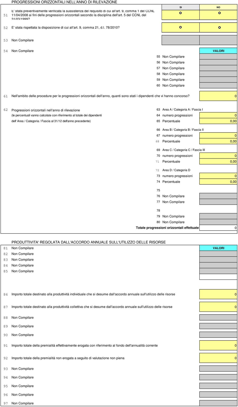 53 Non Compilare 54 Non Compilare VALORI 55 Non Compilare 56 Non Compilare 57 Non Compilare 58 Non Compilare 59 Non Compilare 6 Non Compilare 61 Nell'ambito delle procedure per le progressioni