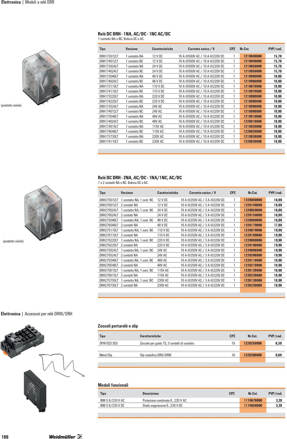 @220V DC 1 1219940000 15,70 DRH173024LT 1 contatto A 24 V DC 16 A @500V AC / 10 A @220V DC 1 1219850000 15,70 DRH174024LT 1 contatto C 24 V DC 16 A @500V AC / 10 A @220V DC 1 1219950000 15,70