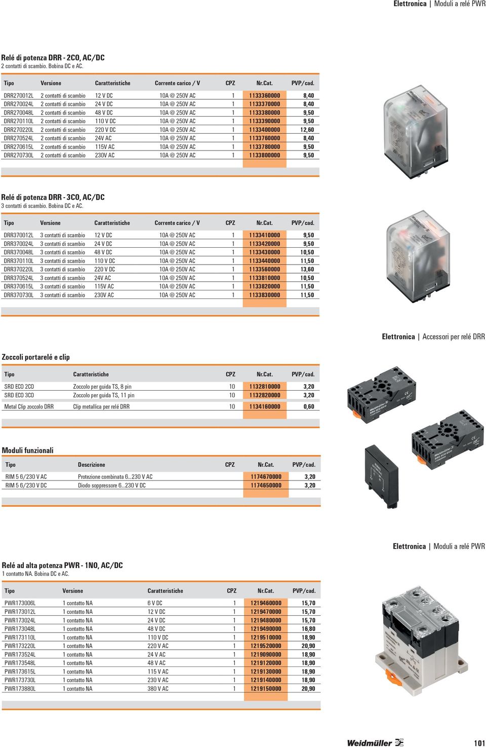 DRR270048L 2 contatti di scambio 48 V DC 10A @ 250V AC 1 1133380000 9,50 DRR270110L 2 contatti di scambio 110 V DC 10A @ 250V AC 1 1133390000 9,50 DRR270220L 2 contatti di scambio 220 V DC 10A @ 250V