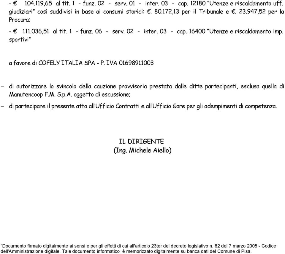 IVA 01698911003 di autorizzare lo svincolo della cauzione provvisoria prestata dalle ditte partecipanti, esclusa quella di Manutencoop F.M. S.p.A. oggetto di escussione; di partecipare il presente atto all Ufficio Contratti e all Ufficio Gare per gli adempimenti di competenza.