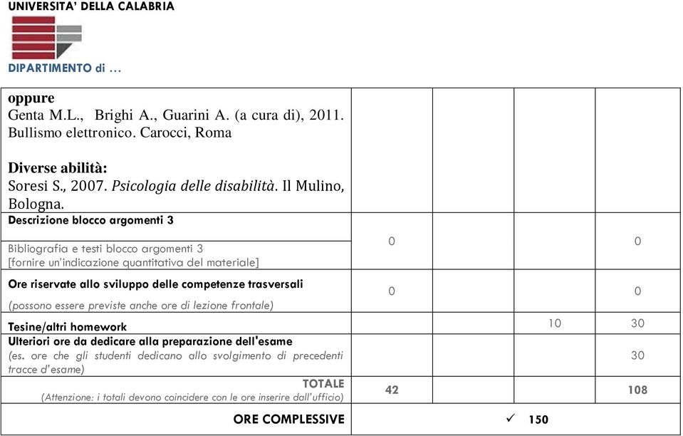 trasversali (possono essere previste anche ore di lezione frontale) 0 0 0 0 Tesine/altri homework 10 30 Ulteriori ore da dedicare alla preparazione dell'esame (es.