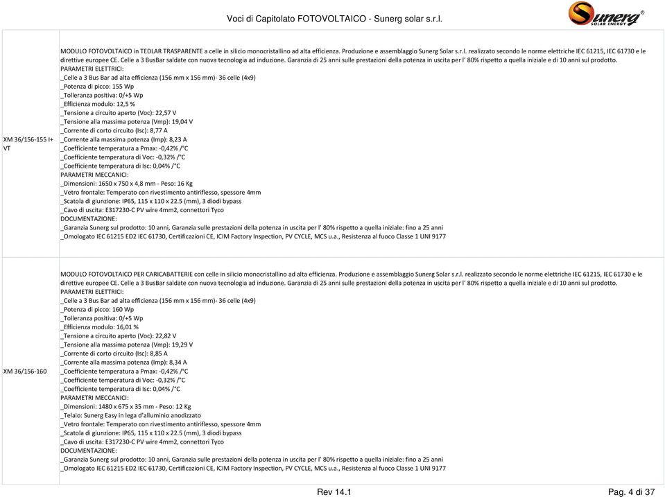 _Celle a 3 Bus Bar ad alta efficienza (156 mm x 156 mm)- 36 celle (4x9) _Potenza di picco: 155 Wp _Efficienza modulo: 12,5 % _Tensione a circuito aperto (Voc): 22,57 V _Tensione alla massima potenza