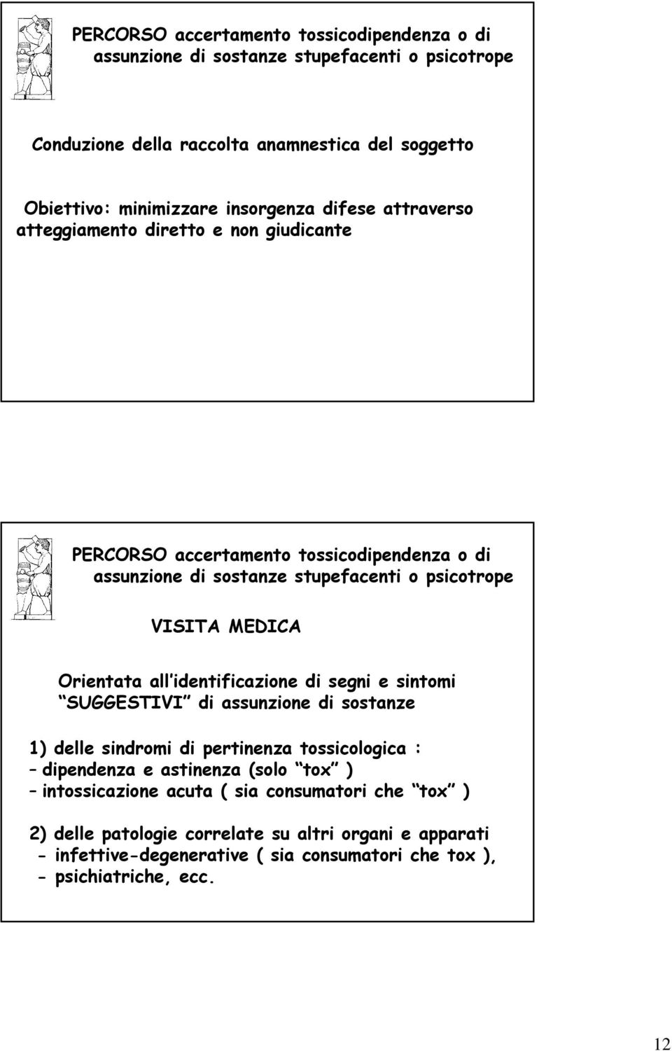 MEDICA Orientata all identificazione di segni e sintomi SUGGESTIVI di assunzione di sostanze 1) delle sindromi di pertinenza tossicologica : dipendenza e astinenza (solo tox