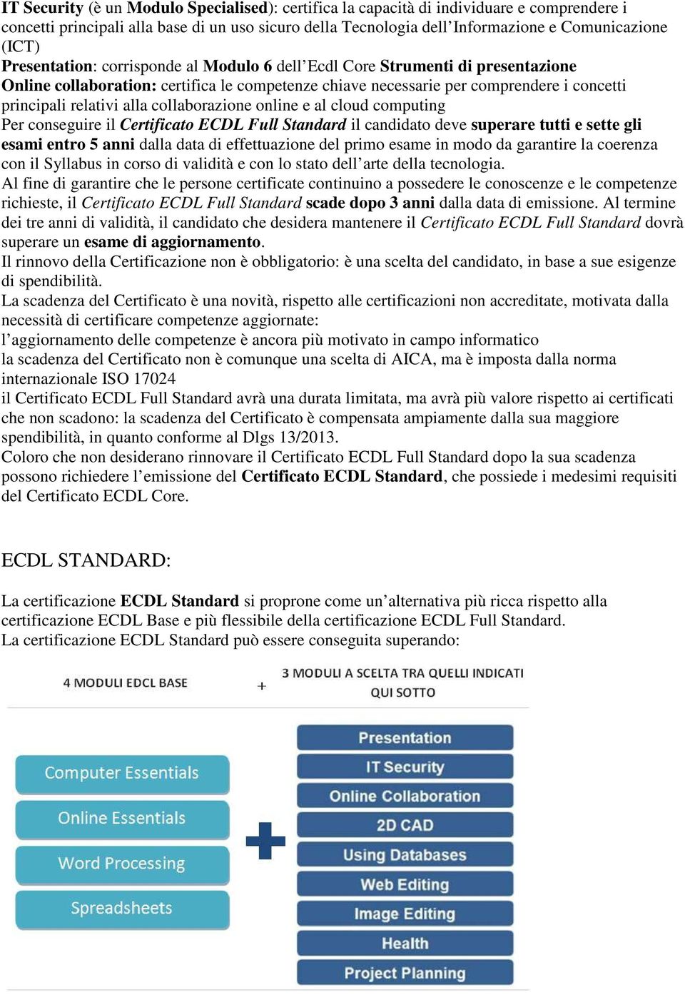 collaborazione online e al cloud computing Per conseguire il Certificato ECDL Full Standard il candidato deve superare tutti e sette gli esami entro 5 anni dalla data di effettuazione del primo esame