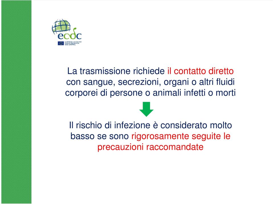 animali infetti o morti Il rischio di infezione è