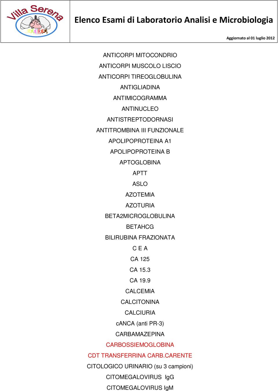 BETA2MICROGLOBULINA BETAHCG BILIRUBINA FRAZIONATA C E A CA 125 CA 15.3 CA 19.