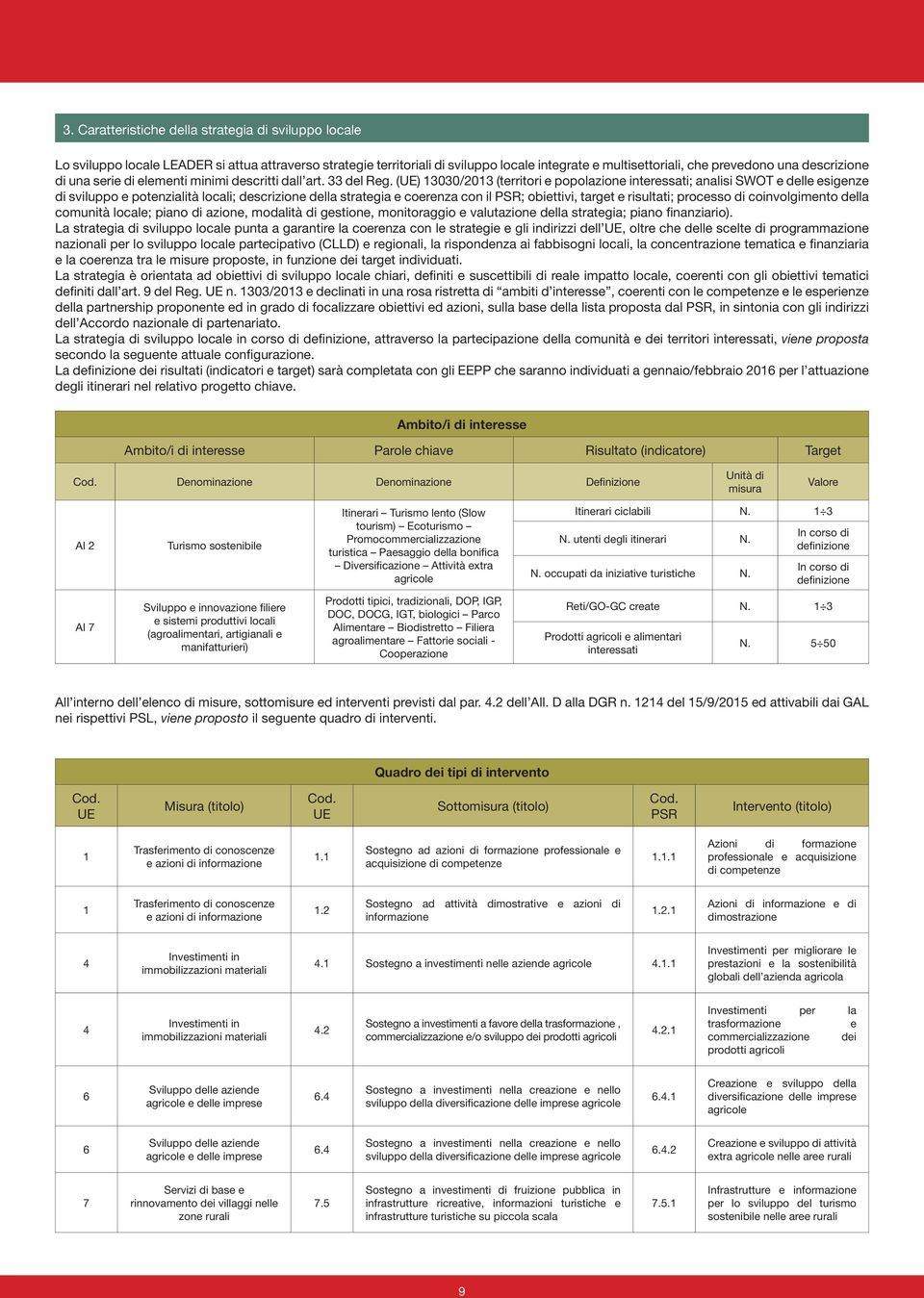 (UE) 13030/2013 (territori e popolazione interessati; analisi SWOT e delle esigenze di sviluppo e potenzialità locali; descrizione della strategia e coerenza con il PSR; obiettivi, target e