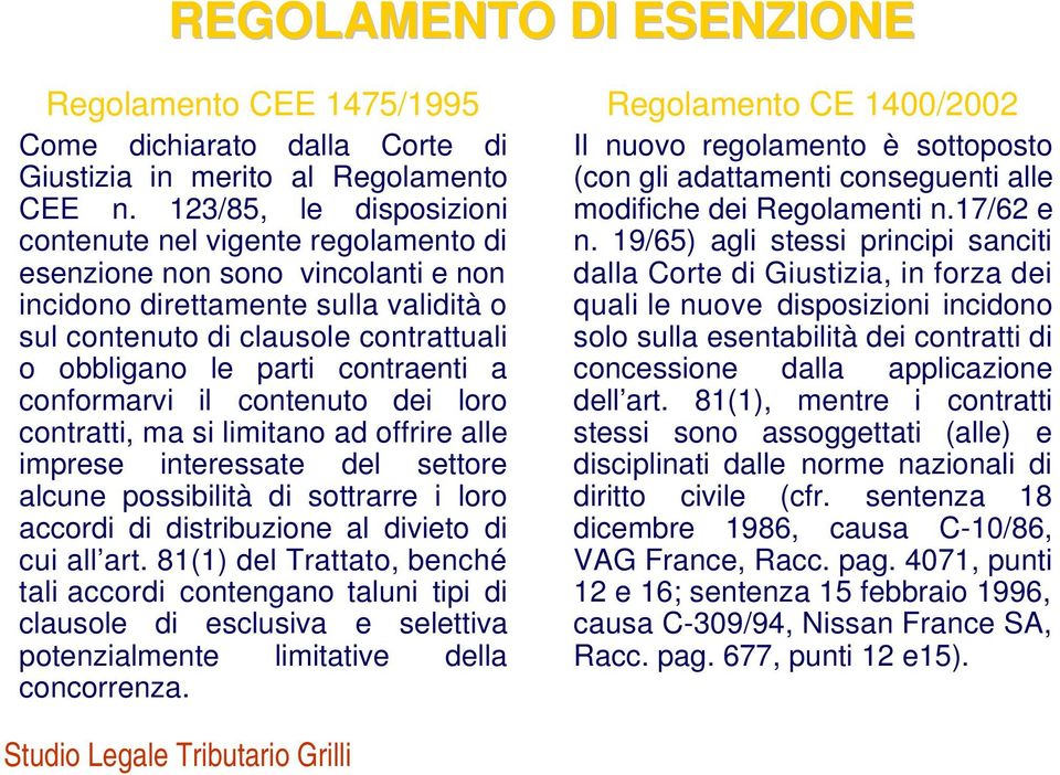 contraenti a conformarvi il contenuto dei loro contratti, ma si limitano ad offrire alle imprese interessate del settore alcune possibilità di sottrarre i loro accordi di distribuzione al divieto di