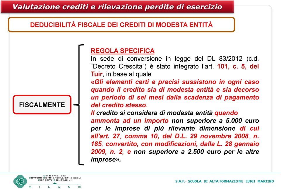 5, del Tuir, in base al quale «Gli elementi certi e precisi sussistono in ogni caso quando il credito sia di modesta entità e sia decorso un periodo di sei mesi dalla scadenza di