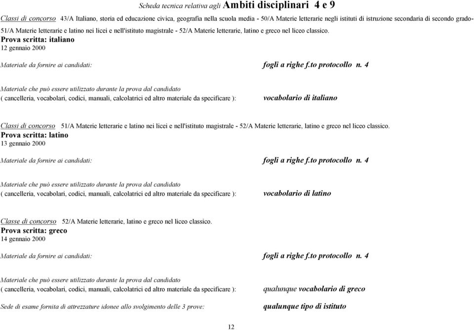 Prova scritta: italiano 12 gennaio 2000 ( cancelleria, vocabolari, codici, manuali, calcolatrici ed altro materiale da specificare ): vocabolario di italiano Classi di concorso 51/A Materie