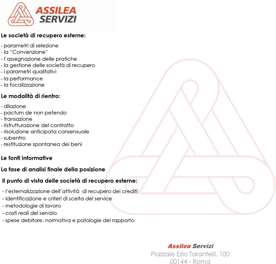 subentro - restituzione spontanea dei beni Le fonti informative La fase di analisi finale della posizione Il punto di vista delle società di recupero esterne: - l esternalizzazione