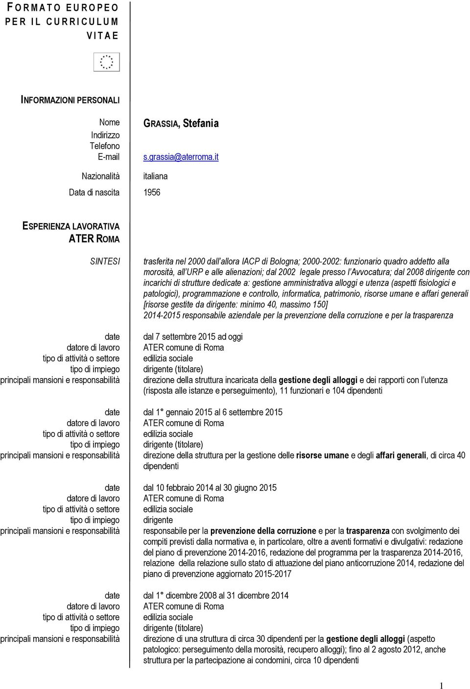 all URP e alle alienazioni; dal 00 legale presso l Avvocatura; dal 008 dirigente con incarichi di strutture dedicate a: gestione amministrativa alloggi e utenza (aspetti fisiologici e patologici),